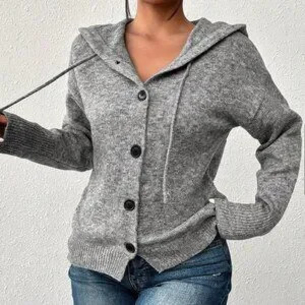 ZARA Grey Casual Women's Hooded Knitted Cardigan with Buttons and Drawstring